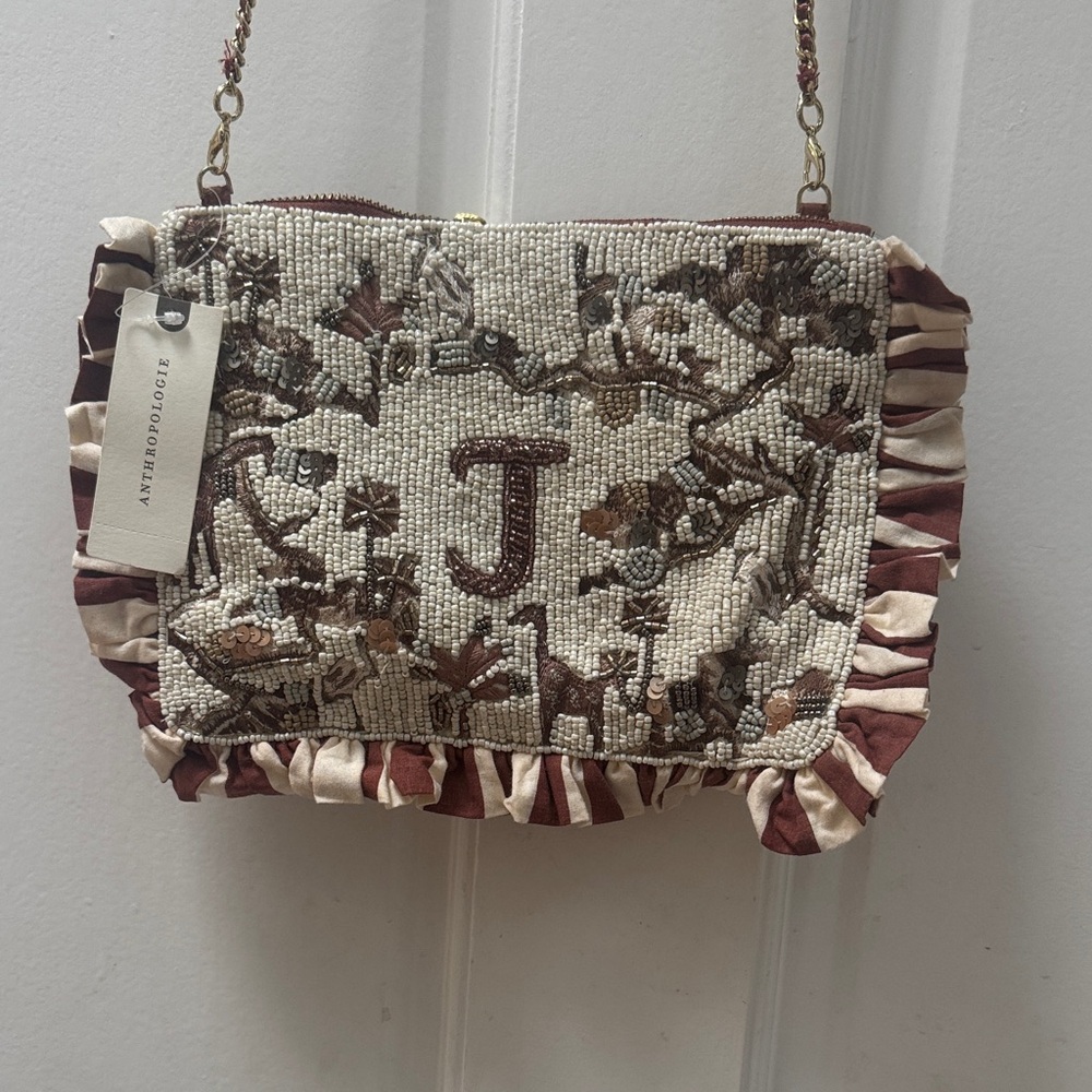 Anthropologie Beaded Crossbody Bag in Cream and Brown